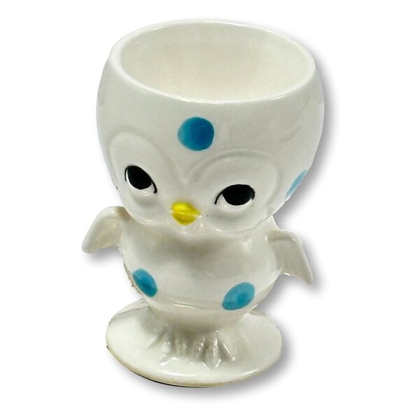 Chick Anthropomorphic Bird Egg Cup Polka Dot Lot 2 White Blue Red Vintage 60s - Picture 5 of 10